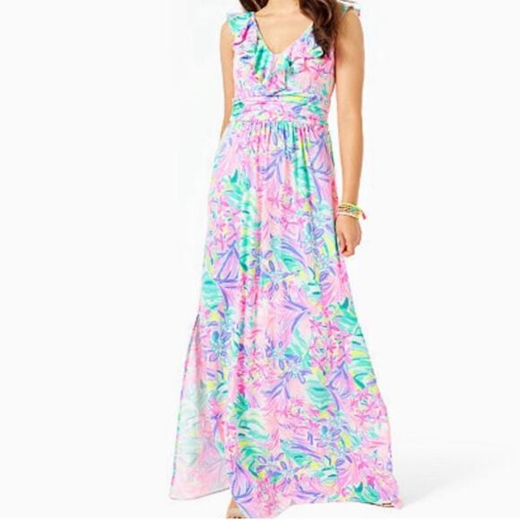 Lilly Pulitzer Mirella Maxi Dress It Was All A Dream Print Ruffle V Neck Large - Picture 1 of 11